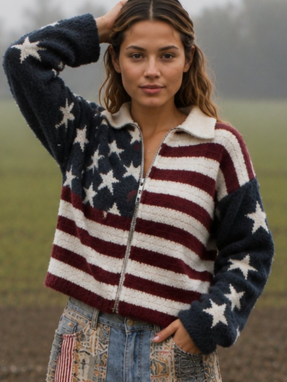 POL Fuzzy Eyelash Jacquard Knit Americana Star Stripe Comfy Boho Sweater Jacket
